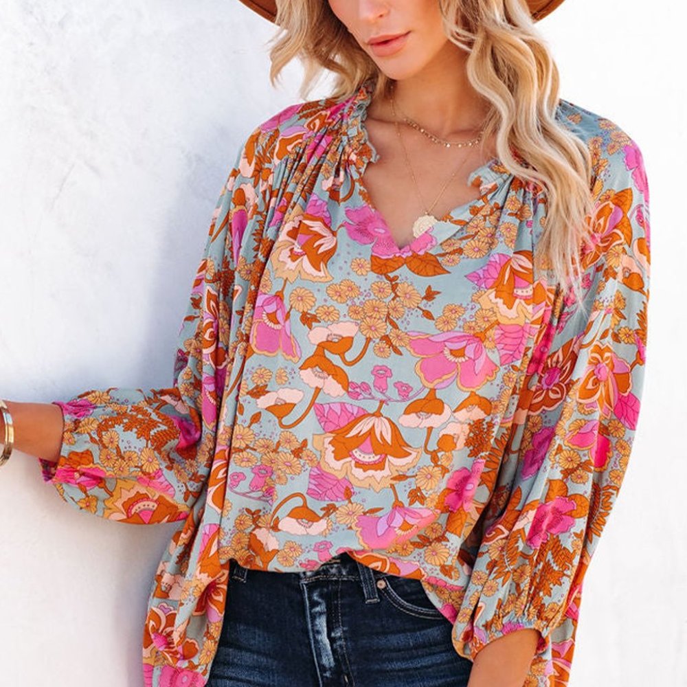 NWOT Sky Blue Pink Floral Print Loose Fit Ruched V Neck Blouse Oversized Shirt